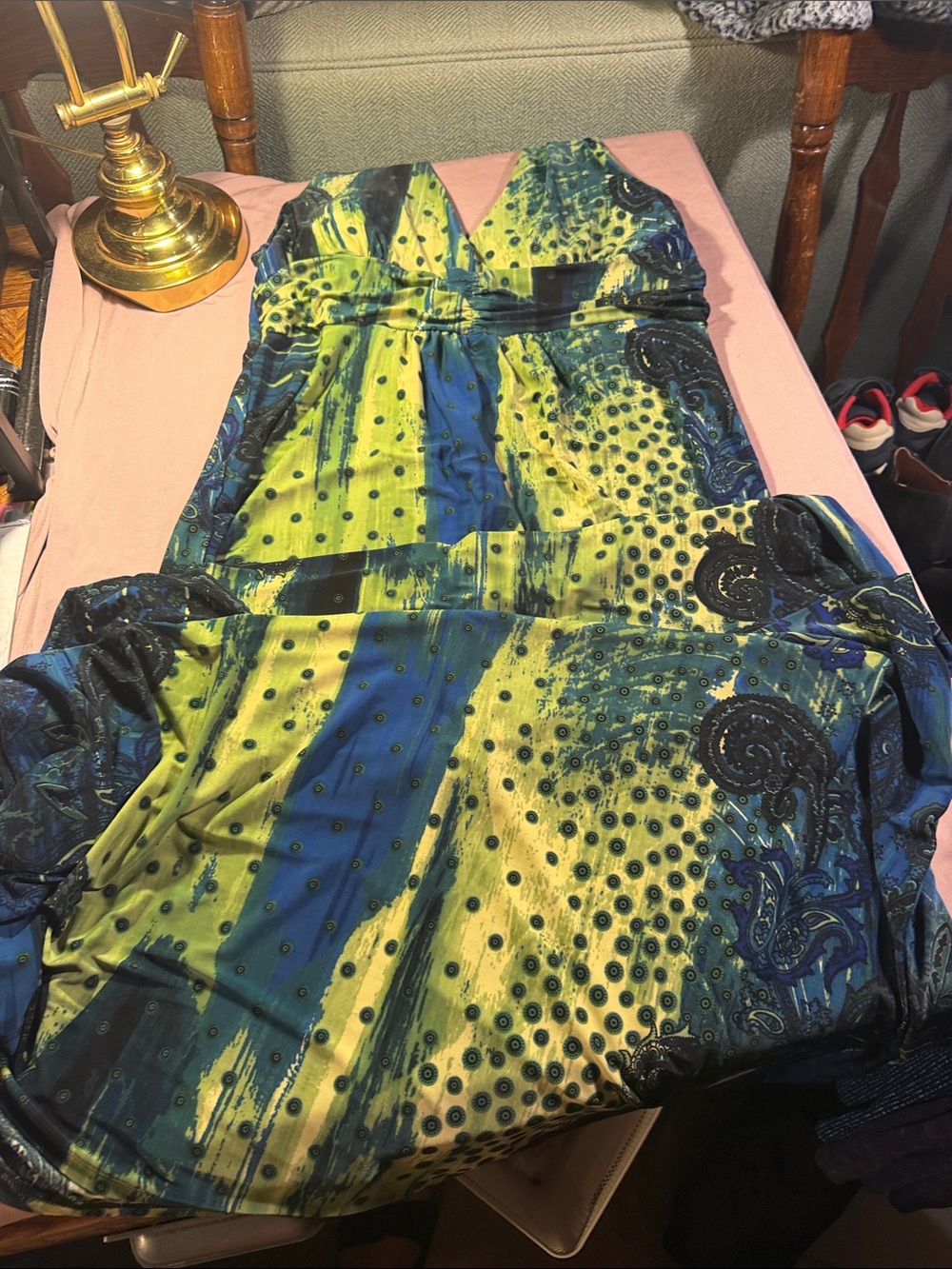 Cristinalove Green & Blue Printed V-Neck Maxi Dress